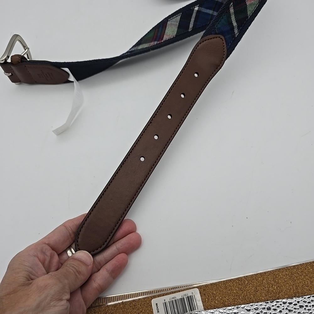 CEG Men Blue Green Striped Belt Size 38 Leather & Canvas NEW - Picture 7 of 11